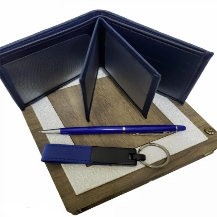 ieg™  Mavi Cüzdan Kalem ve Deri Mavi Anahtarlık Set