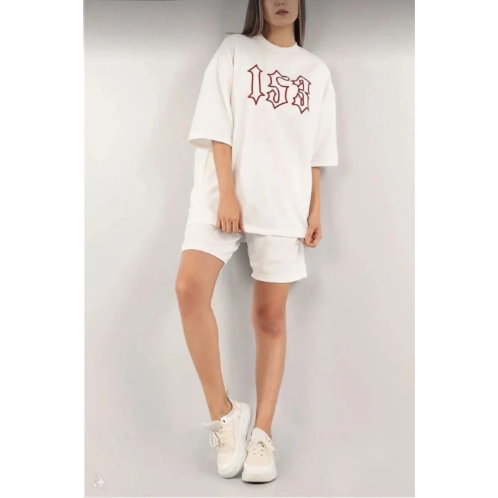 ieg™        Nakış İşlemeli Şort Takım - Beyaz -