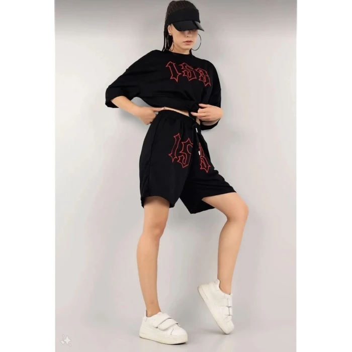 ieg™        Nakış İşlemeli Şort Takım - Siyah -