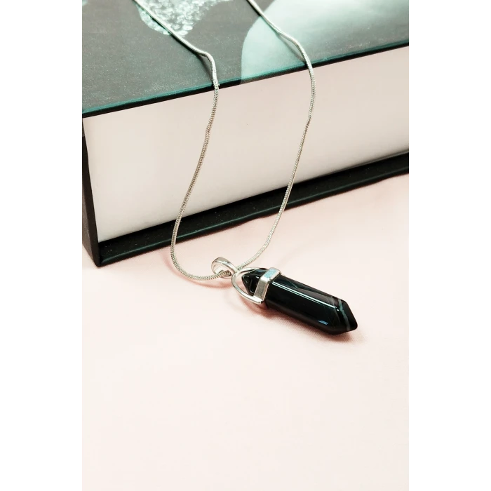 İEG Obsidyen Doğal Taşı Zincirli El Yapımı Tasarımlı Kolye Uç: 3,5 cm Zincir: 20 cm Kutulu