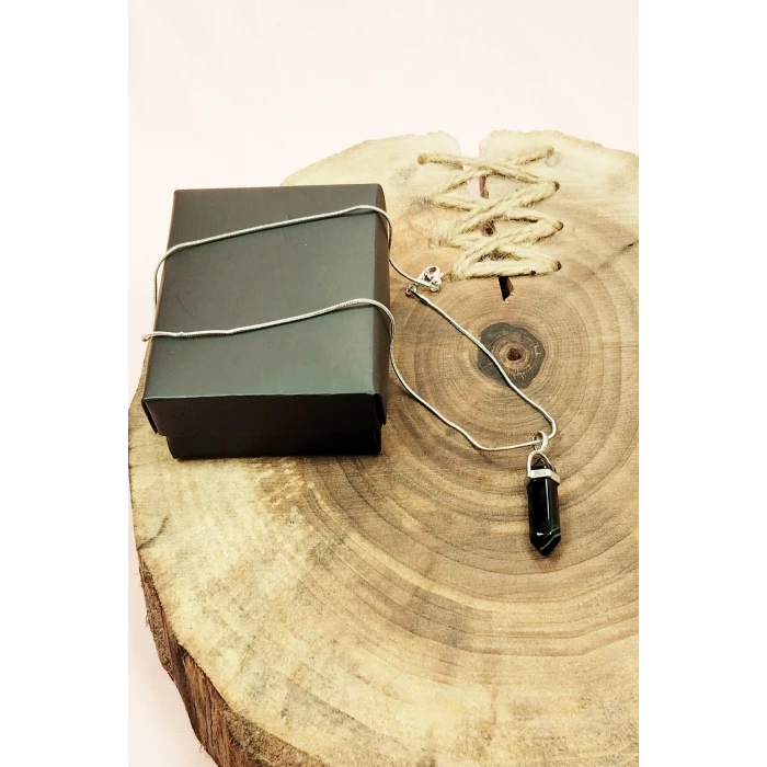 İEG Obsidyen Doğal Taşı Zincirli El Yapımı Tasarımlı Kolye Uç: 3,5 cm Zincir: 20 cm Kutulu