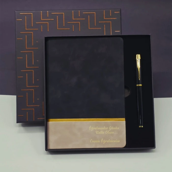 ieg™ Öğretmenler Günü Özel Siyah Deri Defter Ve Metal Roller Kalem Hediye Seti