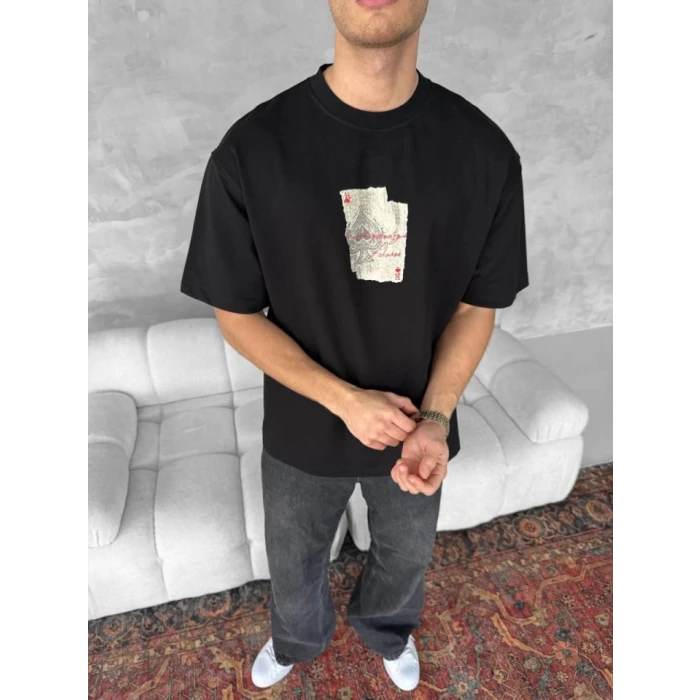 ieg™ Ön Ve Arka Baskılı Oversize Bisiklet Yaka T-shirt - Siyah