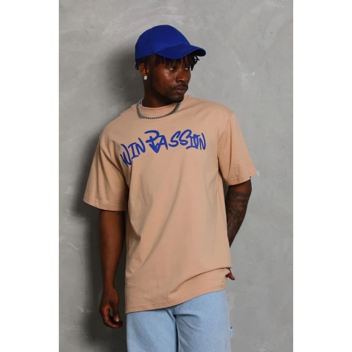 ieg™      Oversize Baskılı Bisiklet Yaka T-Shirt - Bej -