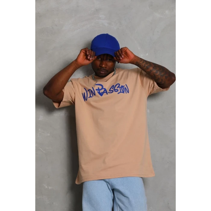 ieg™      Oversize Baskılı Bisiklet Yaka T-Shirt - Bej -