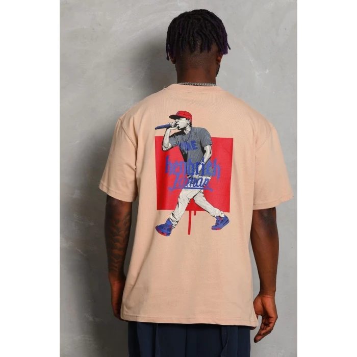 ieg™      Oversize Baskılı Bisiklet Yaka T-Shirt - Bej -