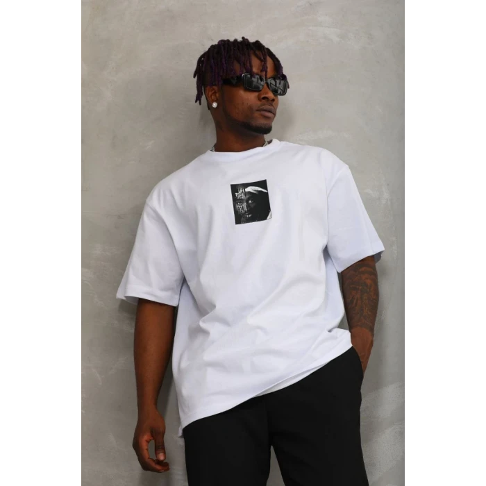 ieg™      Oversize Baskılı Bisiklet Yaka T-Shirt - Beyaz -