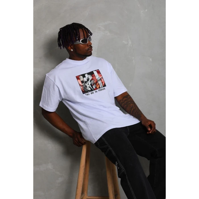 ieg™      Oversize Baskılı Bisiklet Yaka T-Shirt - Beyaz -