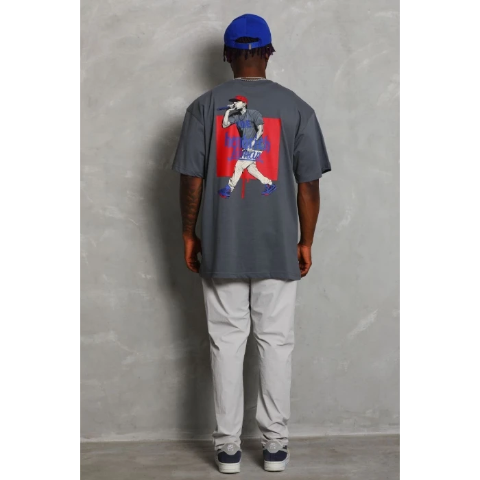 ieg™      Oversize Baskılı Bisiklet Yaka T-Shirt - Füme -