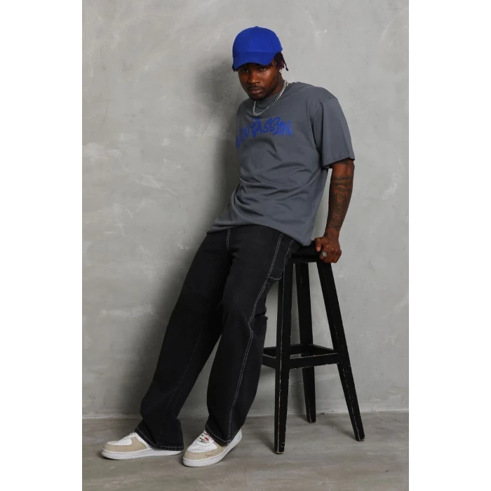 ieg™      Oversize Baskılı Bisiklet Yaka T-Shirt - Füme -