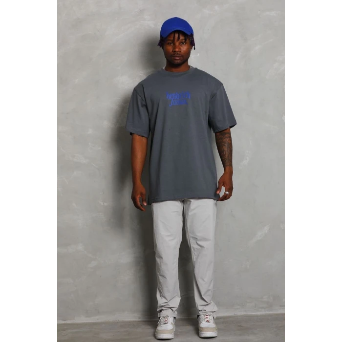 ieg™      Oversize Baskılı Bisiklet Yaka T-Shirt - Füme -