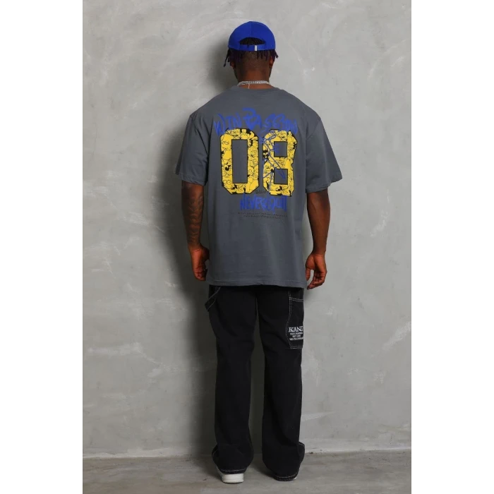 ieg™      Oversize Baskılı Bisiklet Yaka T-Shirt - Füme -