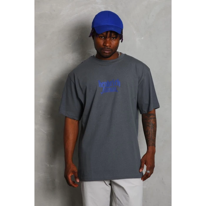 ieg™      Oversize Baskılı Bisiklet Yaka T-Shirt - Füme -