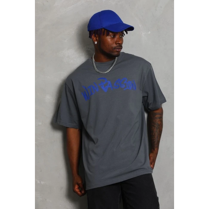 ieg™      Oversize Baskılı Bisiklet Yaka T-Shirt - Füme -