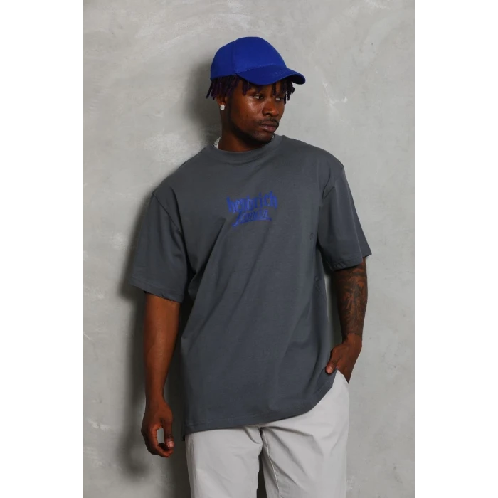 ieg™      Oversize Baskılı Bisiklet Yaka T-Shirt - Füme -