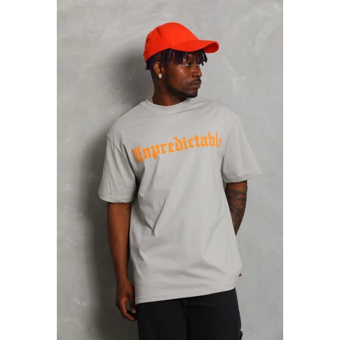 ieg™      Oversize Baskılı Bisiklet Yaka T-Shirt - Gri -