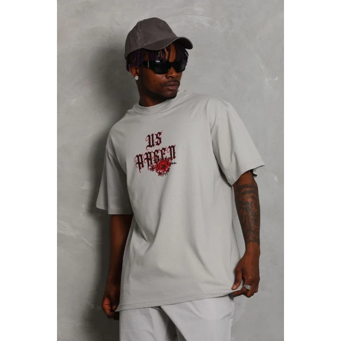 ieg™      Oversize Baskılı Bisiklet Yaka T-Shirt - Gri -