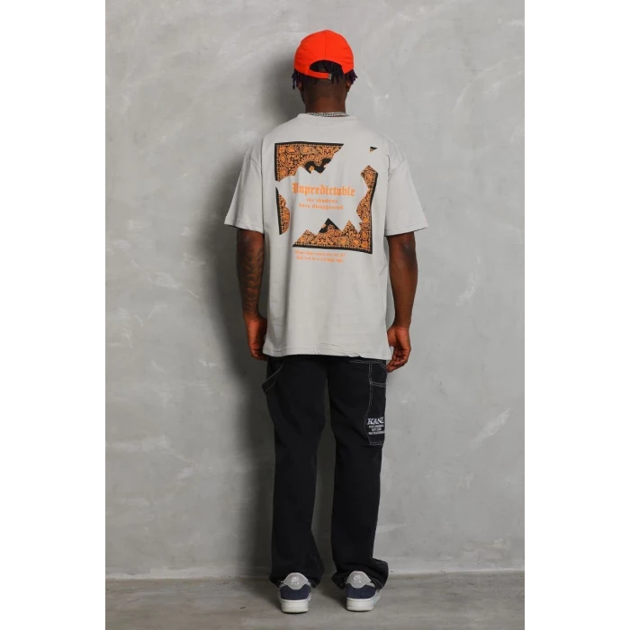 ieg™      Oversize Baskılı Bisiklet Yaka T-Shirt - Gri -