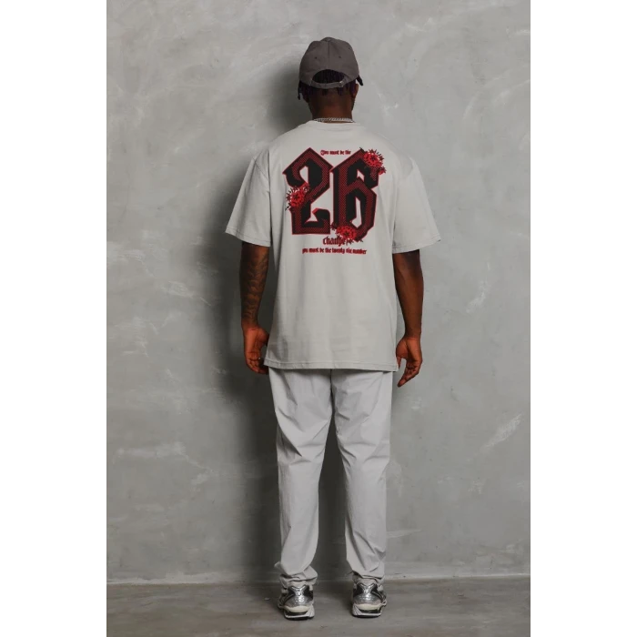 ieg™      Oversize Baskılı Bisiklet Yaka T-Shirt - Gri -