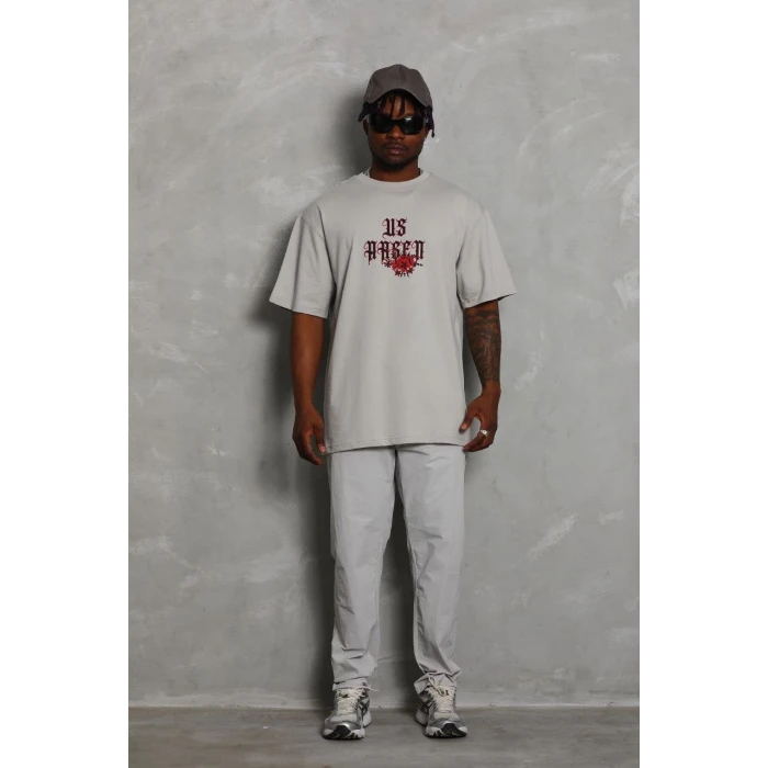 ieg™      Oversize Baskılı Bisiklet Yaka T-Shirt - Gri -