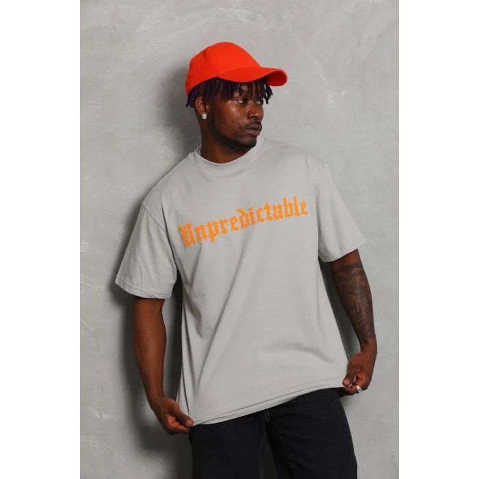 ieg™      Oversize Baskılı Bisiklet Yaka T-Shirt - Gri -