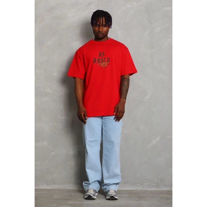 ieg™      Oversize Baskılı Bisiklet Yaka T-Shirt - Kırmızı -