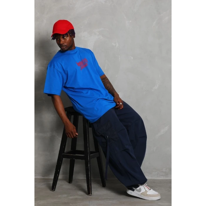 ieg™      Oversize Baskılı Bisiklet Yaka T-Shirt - Mavi -