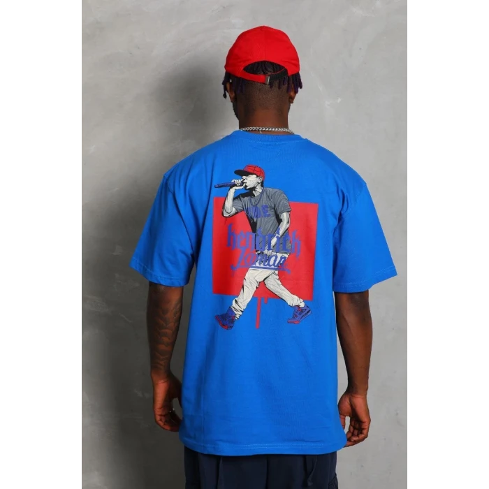 ieg™      Oversize Baskılı Bisiklet Yaka T-Shirt - Mavi -