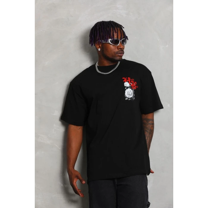 ieg™      Oversize Baskılı Bisiklet Yaka T-Shirt - Siyah -