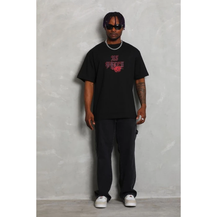 ieg™      Oversize Baskılı Bisiklet Yaka T-Shirt - Siyah -