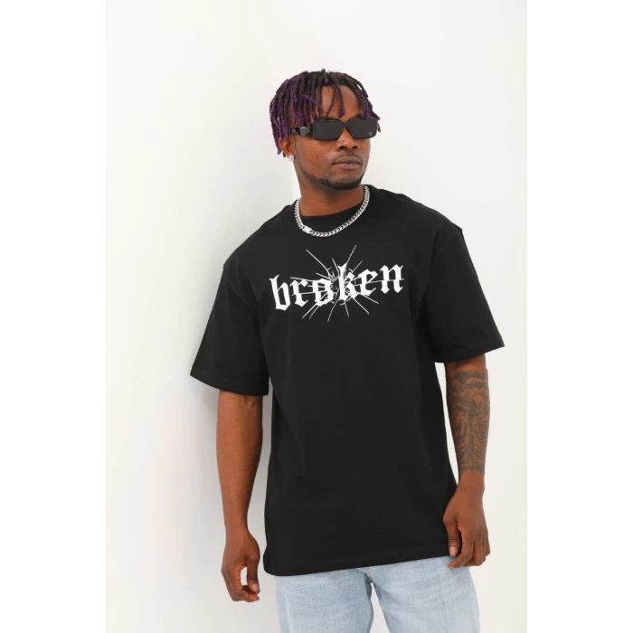 ieg™      Oversize Baskılı Bisiklet Yaka T-Shirt - Siyah -