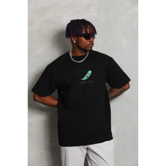 ieg™      Oversize Baskılı Bisiklet Yaka T-Shirt - Siyah -