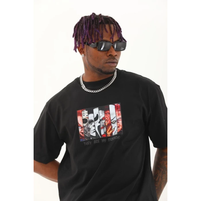 ieg™      Oversize Baskılı Bisiklet Yaka T-Shirt - Siyah -