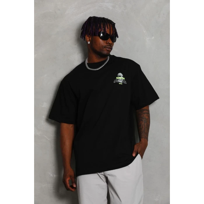 ieg™      Oversize Baskılı Bisiklet Yaka T-Shirt - Siyah -