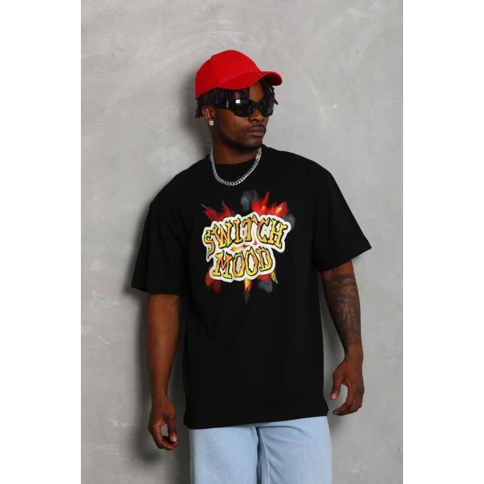 ieg™      Oversize Baskılı Bisiklet Yaka T-Shirt - Siyah -