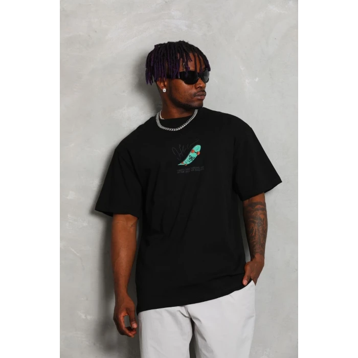 ieg™      Oversize Baskılı Bisiklet Yaka T-Shirt - Siyah -