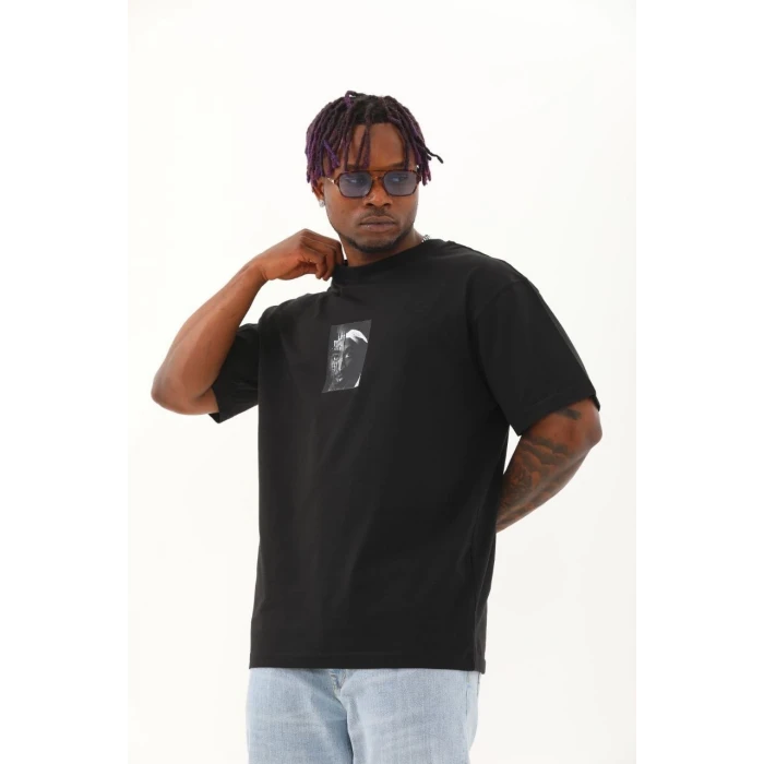 ieg™      Oversize Baskılı Bisiklet Yaka T-Shirt - Siyah -