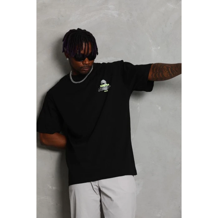 ieg™      Oversize Baskılı Bisiklet Yaka T-Shirt - Siyah -