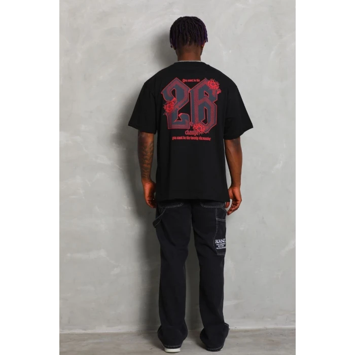 ieg™      Oversize Baskılı Bisiklet Yaka T-Shirt - Siyah -