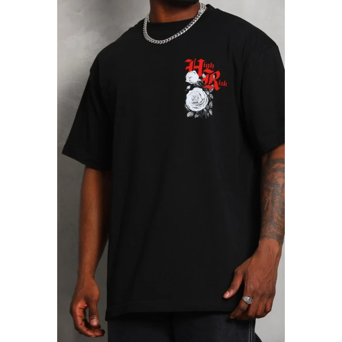 ieg™      Oversize Baskılı Bisiklet Yaka T-Shirt - Siyah -