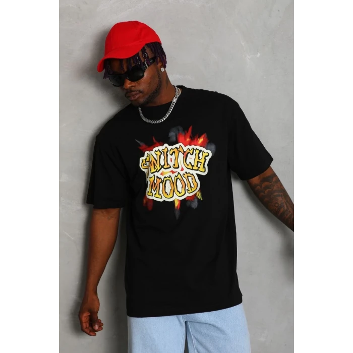 ieg™      Oversize Baskılı Bisiklet Yaka T-Shirt - Siyah -