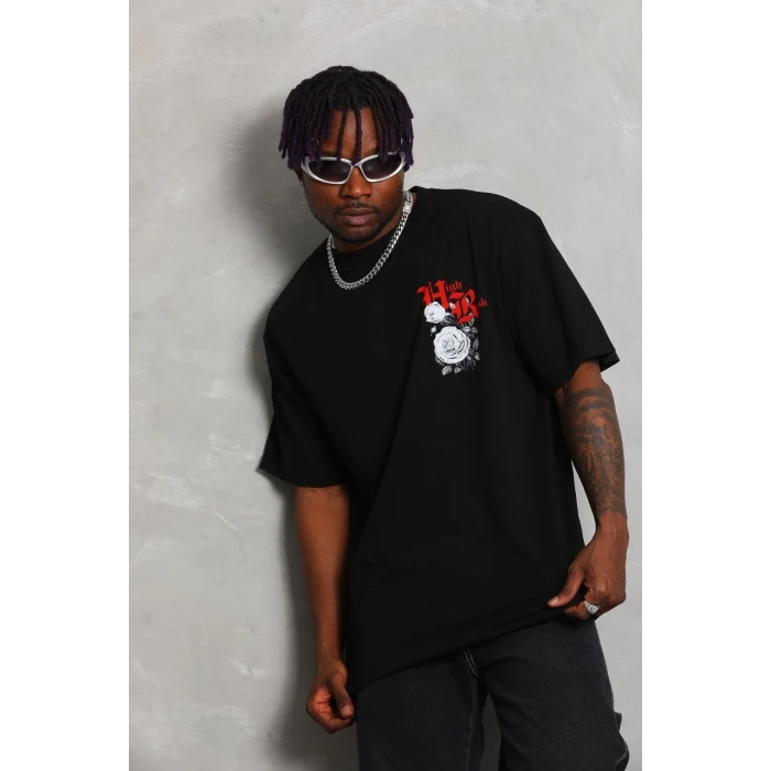 ieg™      Oversize Baskılı Bisiklet Yaka T-Shirt - Siyah -