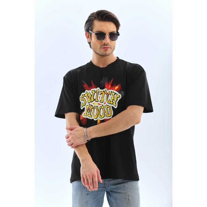 ieg™      Oversize Baskılı Bisiklet Yaka T-Shirt - Siyah -