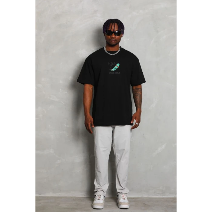 ieg™      Oversize Baskılı Bisiklet Yaka T-Shirt - Siyah -