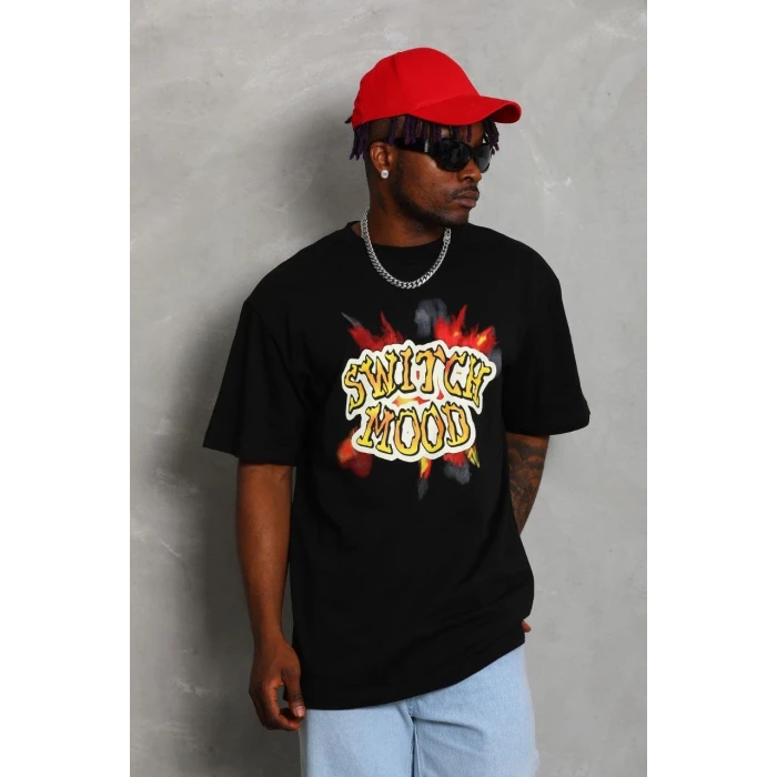 ieg™      Oversize Baskılı Bisiklet Yaka T-Shirt - Siyah -