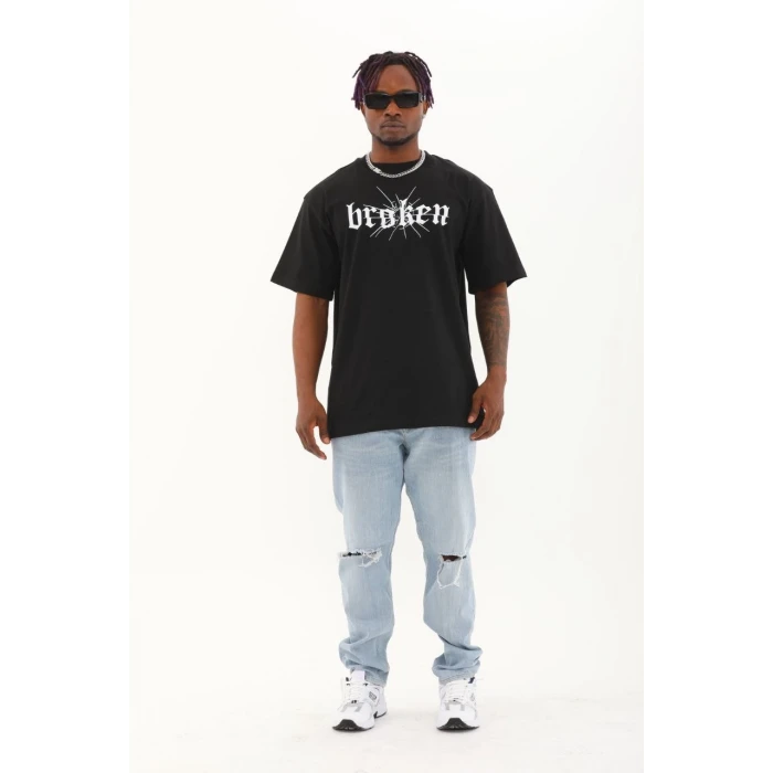 ieg™      Oversize Baskılı Bisiklet Yaka T-Shirt - Siyah -