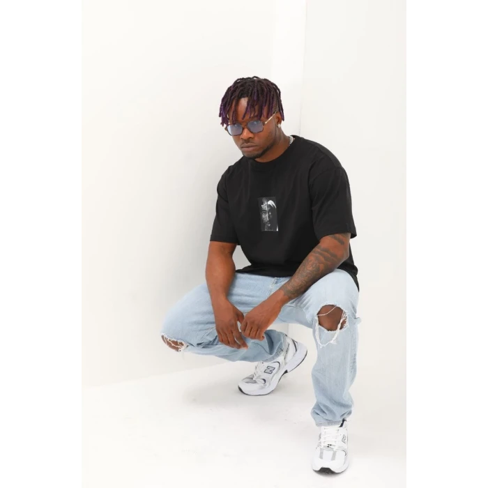 ieg™      Oversize Baskılı Bisiklet Yaka T-Shirt - Siyah -