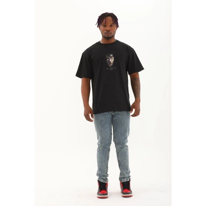 ieg™      Oversize Baskılı Bisiklet Yaka T-Shirt - Siyah -