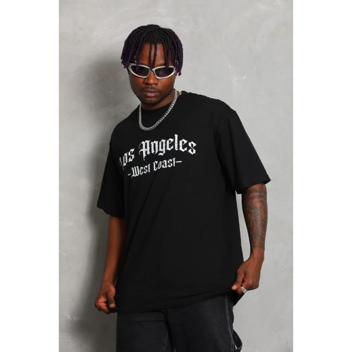 ieg™      Oversize Baskılı Bisiklet Yaka T-Shirt - Siyah -