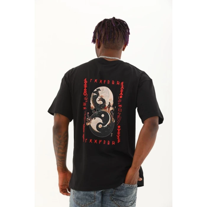 ieg™      Oversize Baskılı Bisiklet Yaka T-Shirt - Siyah -